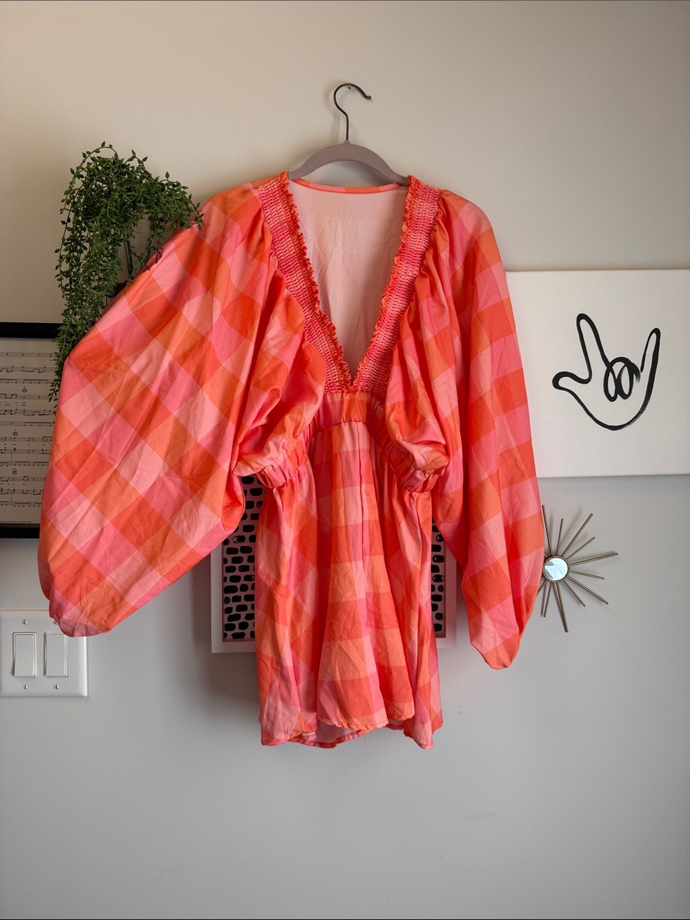 Pink & Orange Checkered Deep V Balloon Sleeve Romper